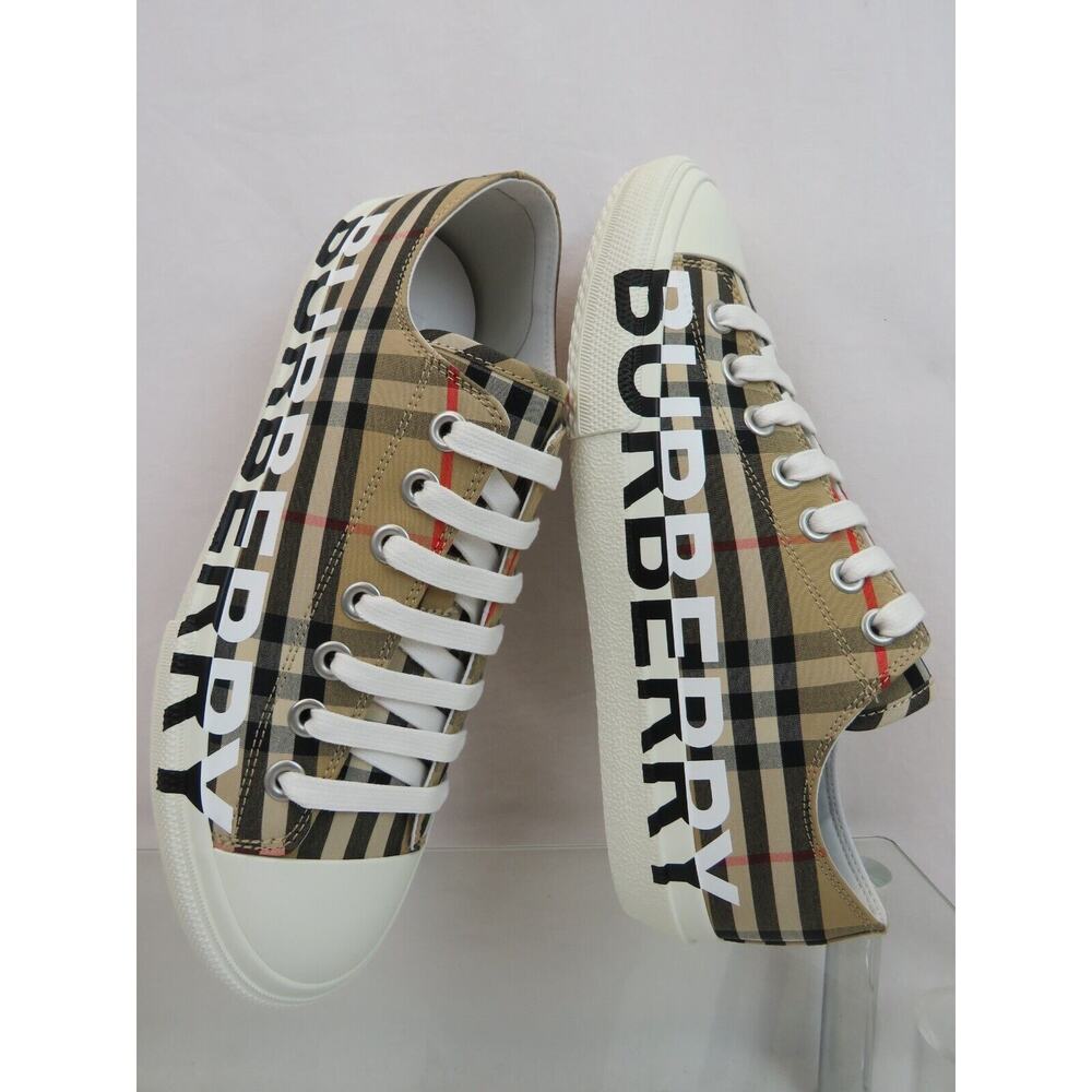NIB BURBERRY LARKHALL BEIGE CHECK CANVAS LOGO WHITE CAP TOE UNISEX SNEAKERS 42 - Picture 7 of 13